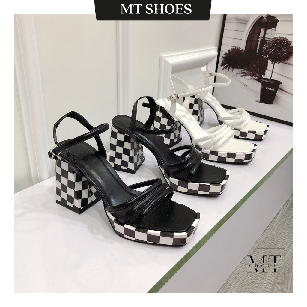 Giày Sandal mũi đúp cao 9f quai ngang bản nhi gót Caro hàng chuẩn loại 1 siêu tôn dáng phong cách Hàn Quốc