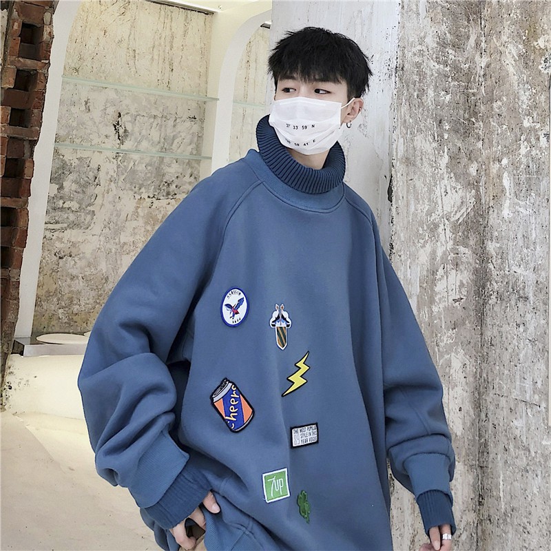 Áo Sweater tay dài cổ lọ dáng rộng in chữ kiểu Hồng Kông thời trang mùa thu 2020 cho nam