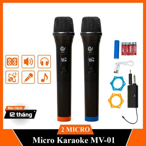 Micro Không dây chính hãng MV-01 (2 MICRO), Chuyên dụng hát Karaoke Loa kéo, Amply - Bảo hành 12 tháng