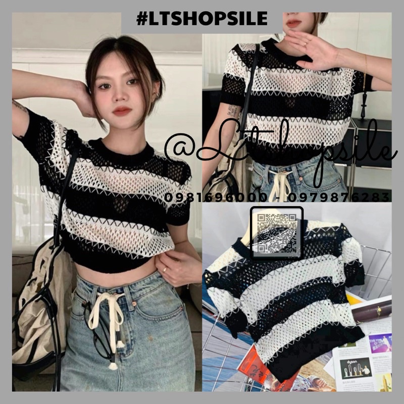 Áo Len Đan Lưới Cổ Tròn Sọc Ngang Đen Trắng Dáng Lửng