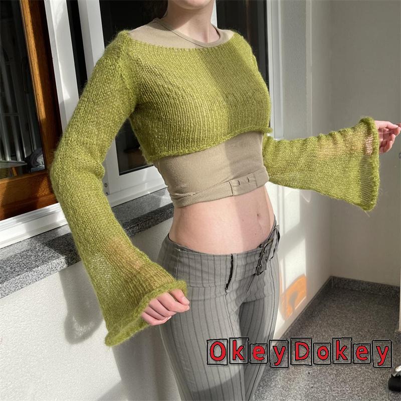 Áo Crop Top Tay Dài Cổ Tròn Màu Trơn Xuyên Thấu Cho Nữ