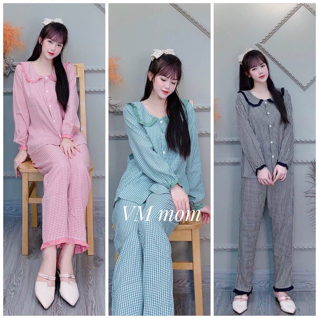 Bộ đồ sau sinh, bộ bầu mặc nhà, thô đũi kẻ cổ sen, quần áo có khoá ngực cho bé ti vải đũi mềm mịn  VM Mom