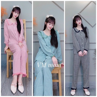 Bộ đồ sau sinh, bộ bầu mặc nhà, thô đũi kẻ cổ sen, quần áo có khoá ngực cho bé ti vải đũi mềm mịn (45-70kg) VM Mom