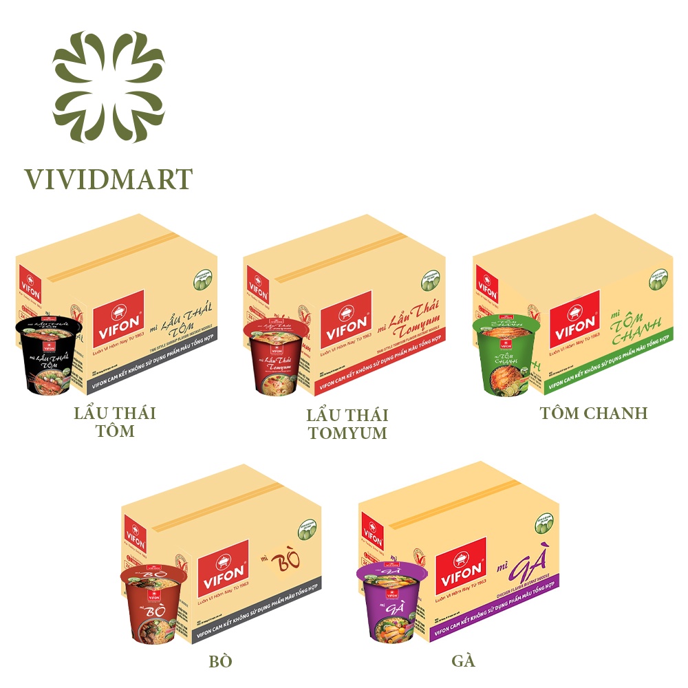 MÌ LY VIFON 6 VỊ: LẨU THÁI TÔM, LẨU THÁI TOMYUM, BÒ, GÀ, TÔM CHUA CAY, LẨU THAI CHAY – 60g/LY