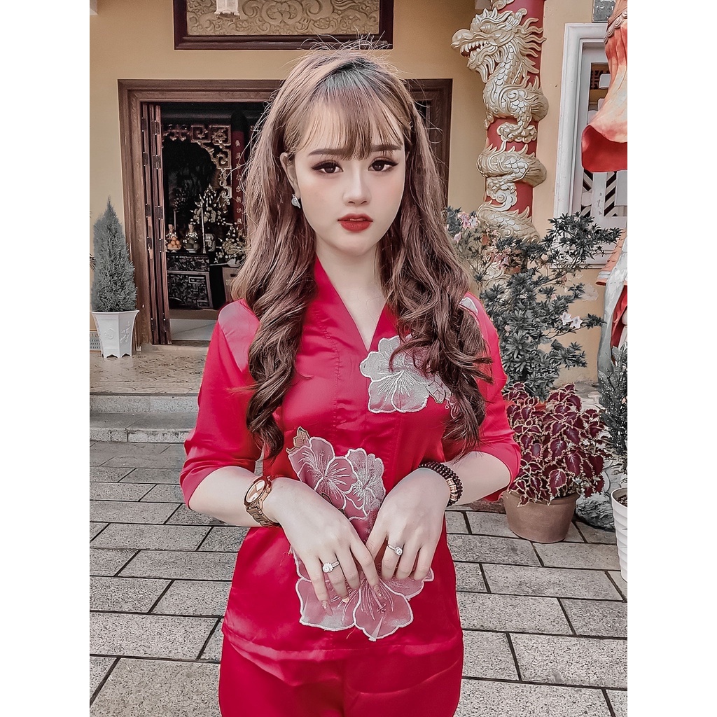 SET ĐỒ LAM ĐI CHÙA THÊU HOA NỔI VẢI LỤA