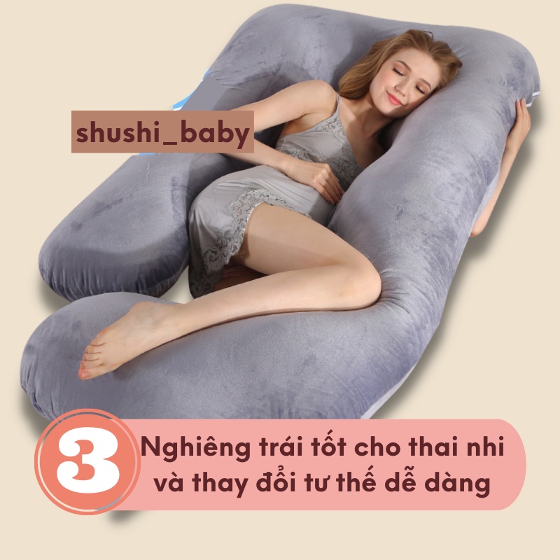 Gối Ôm Bà Bầu Hình Chữ U Vải Nhung Có Thiết Kế Gác Chân Shushi_baby [Tặng kèm bông nếu khách hàng có nhu cầu]