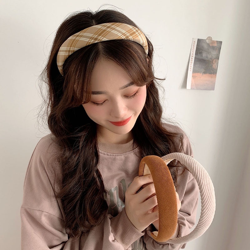 Băng đô cài tóc bản rộng kẻ sọc caro phong cách retro cho nữ