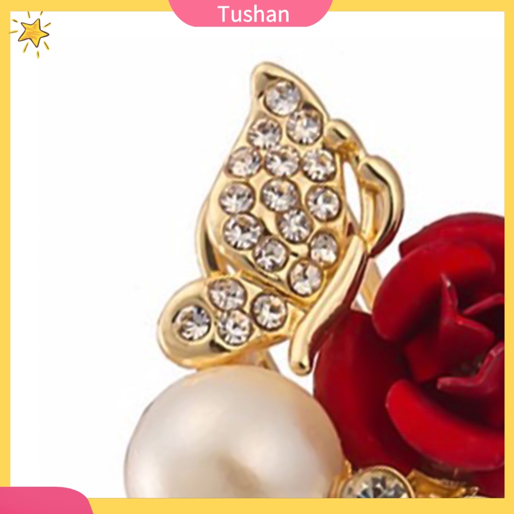 Bông tai hình hoa hồng đính ngọc trai giả thời trang