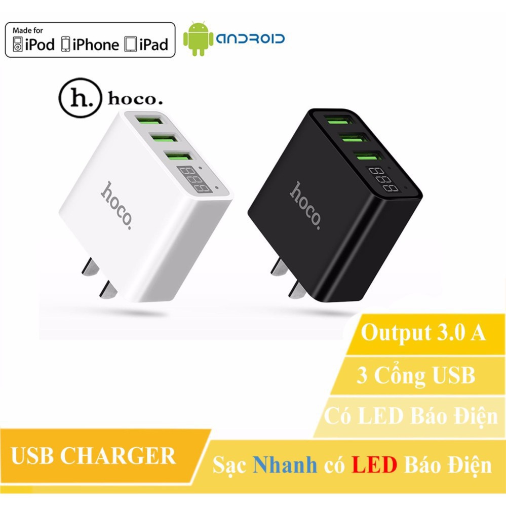 Củ sạc 3 cổng USB Hoco C15 có màn LED hiển thị đo dòng - Hàng Chính Hãng - Ổn định dòng cho Iphone/iPad/Android- 16TH