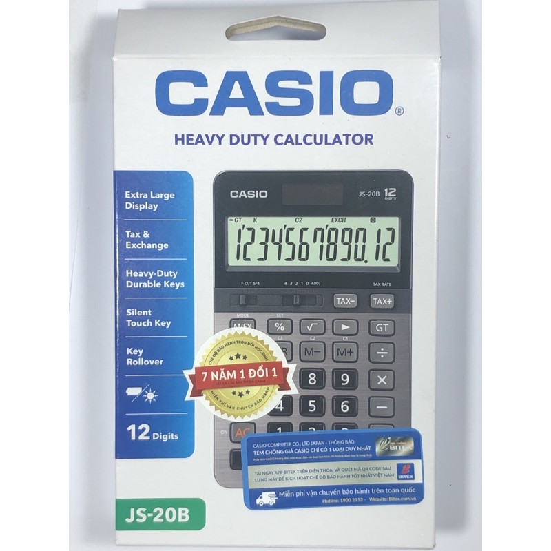 Máy tính Casio ( phím đúc) siêu bền JS - 20B màn hình lớn 12 số chính hãng