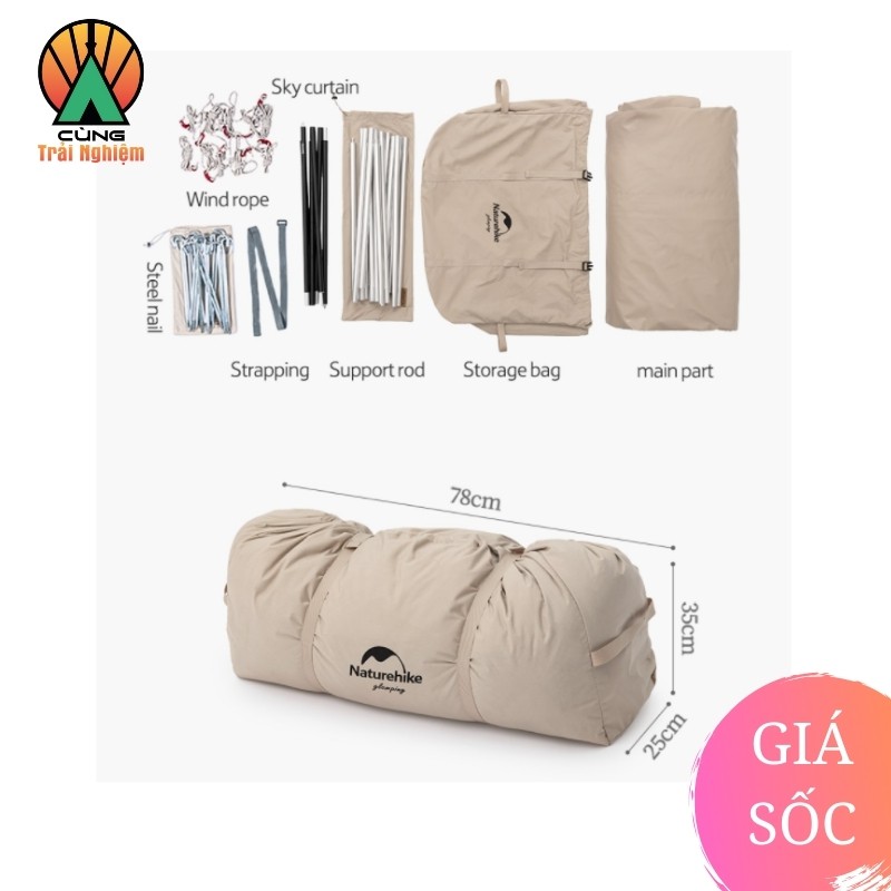 Bộ Lều Dã Ngoại Cắm Trại Cotton Thiết Kế Hình Chữ A Glamping Extend 4.8 NatureHike Chống Nắng NH20ZP011