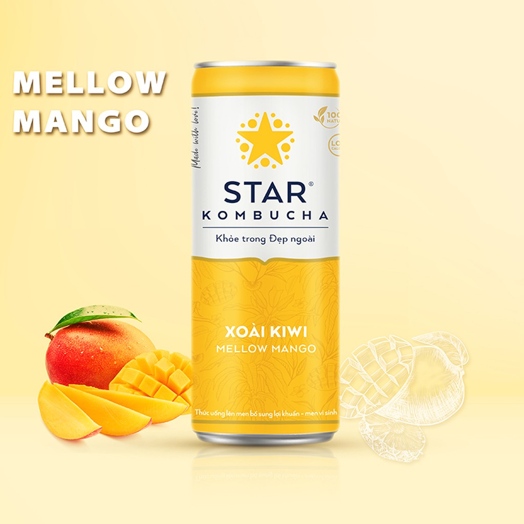 Thùng 12 lon STAR KOMBUCHA Xoài Kiwi / Mellow Mango (250ml/lon) - Trà lên men vi sinh chứa probiotics