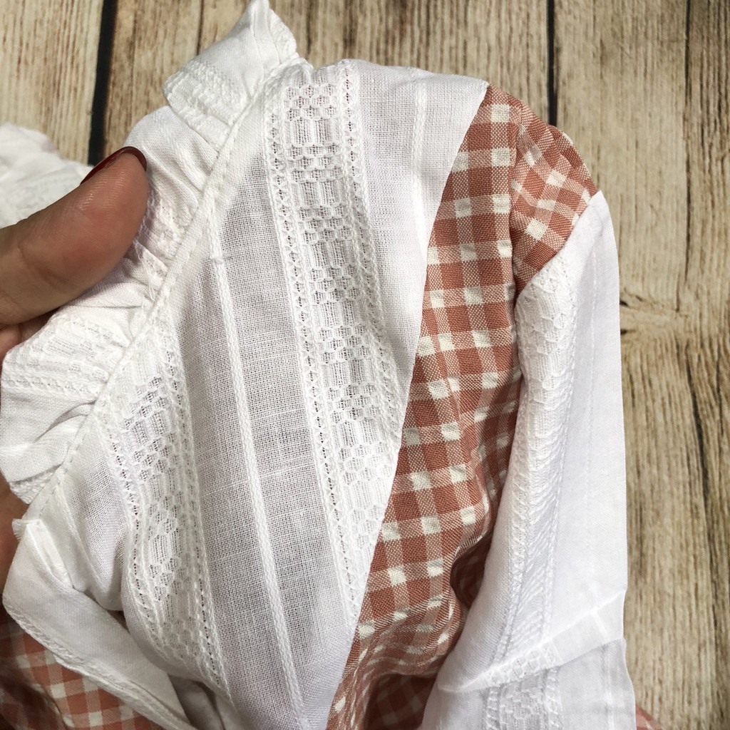 váy bầu giả yếm kẻ hồng v68