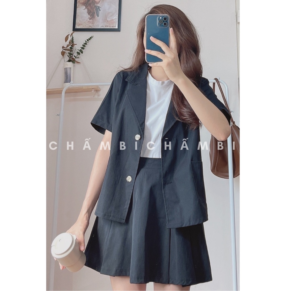 Set kiểu Hàn Quốc S.048, Set áo khoác blazer cộc tay và chân váy xếp ly cực xinh
