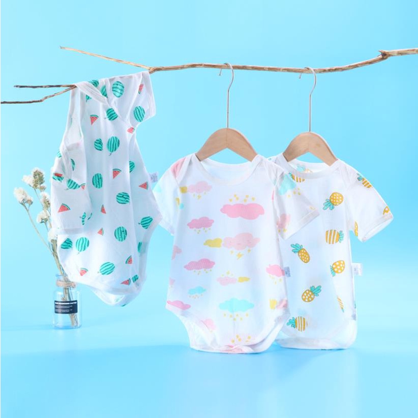 Áo liền quần LUCKYCANDY cotton tay ngắn in họa tiết dễ thương dành cho trẻ sơ sinh