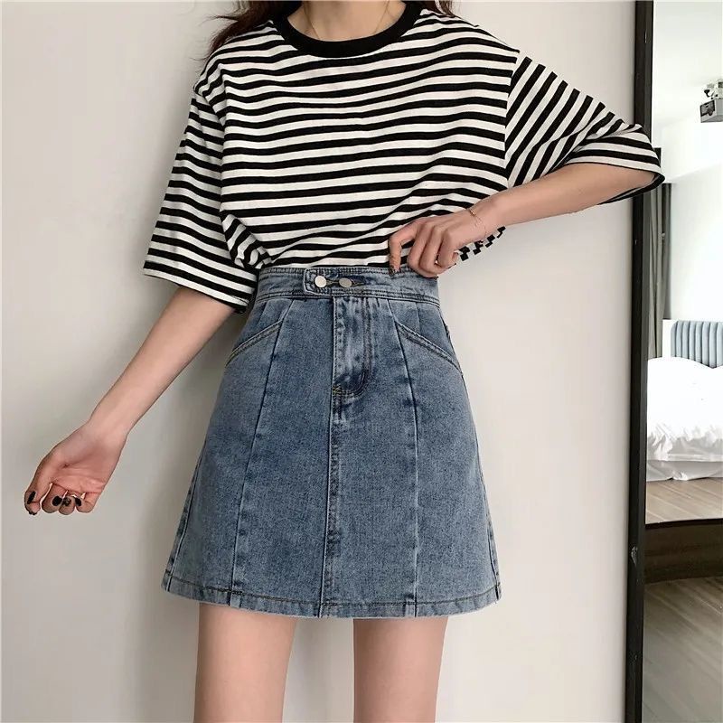 Chân váy jean lưng cao dáng chữ A màu xanh nhạt phong cách Hàn Quốc thời trang mùa thu mới cho nữ