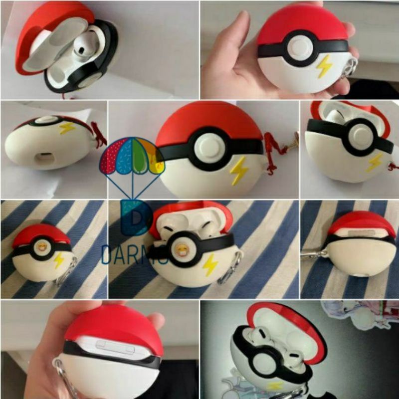 Case bảo vệ Airpods Pro/1/2/Huawei Freebuds 3 pikachu nằm trên hộp supreme đỏ/quả bóng pokémon đỏ