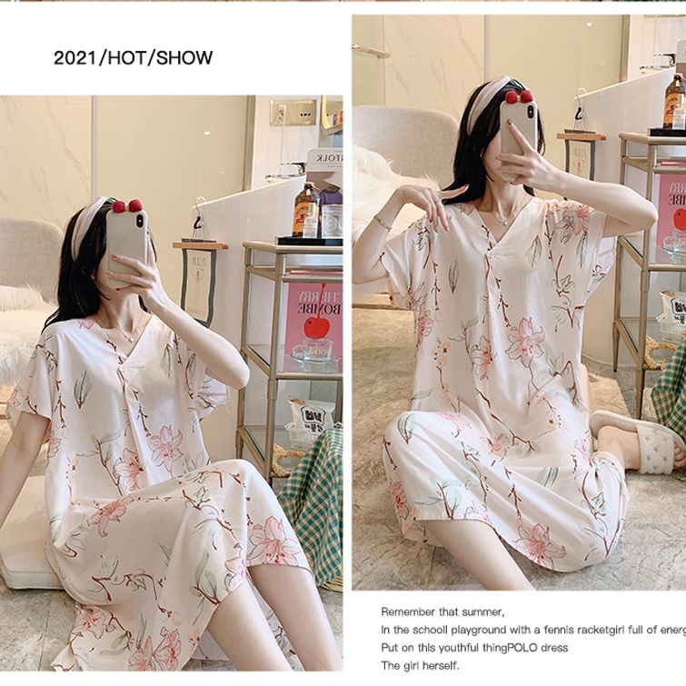 Váy ngủ nữ cổ V tay ngắn freesize, đầm ngủ mặc nhà nữ nhẹ mềm mát 1690
