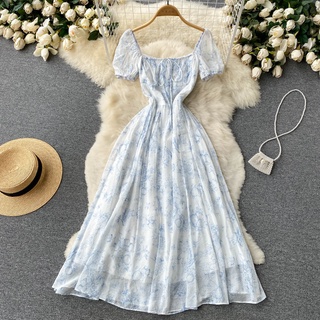 #1972 [Sẵn một số size] Đầm tay ngắn cổ vuông có thể mặc trễ vai màu xanh họa tiết hoa nhí chất voan