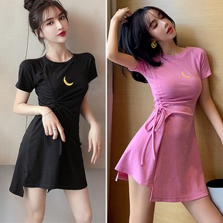 Đầm xòe ngắn tay cổ tròn in họa tiết trăng lưỡi liềm thời trang dành cho nữ