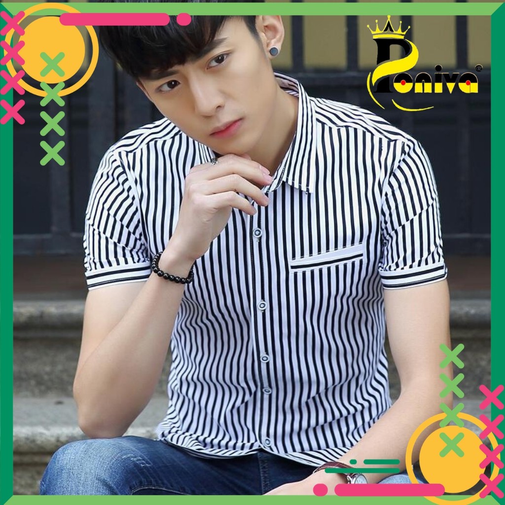 Áo Sơ Mi Nam Ngắn Tay Phối Sọc Thời Trang PONIVA