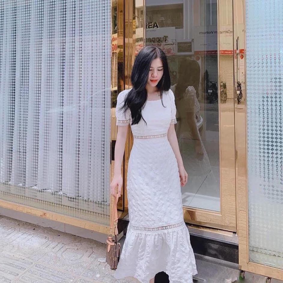 Đầm trắng midi phối ren xoè đuôi cá( Hình chụp thật ) [HÀNG CHẤT LƯỢNG] | BigBuy360 - bigbuy360.vn