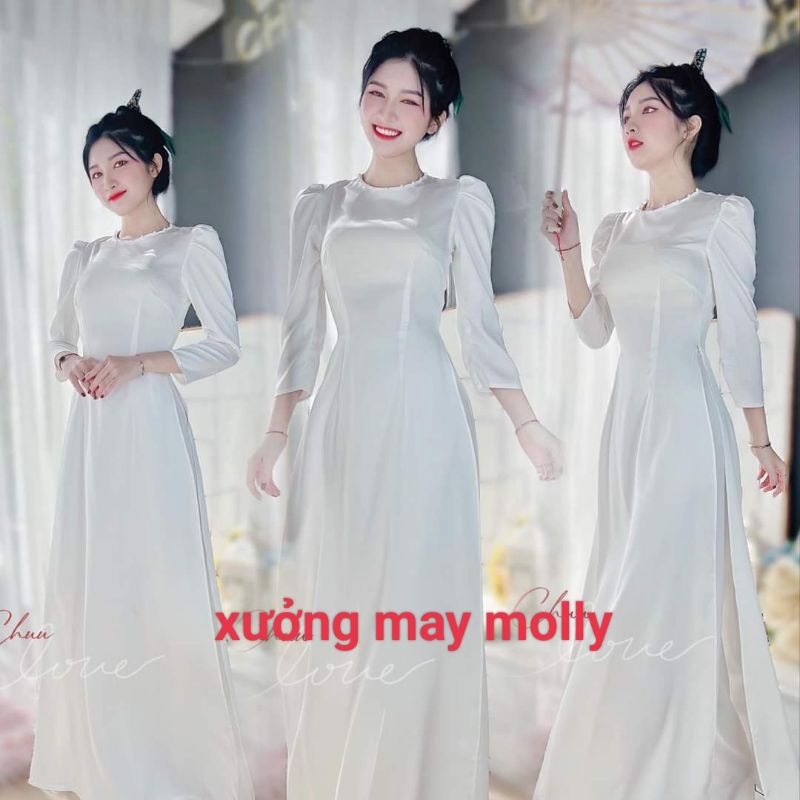 Sale_áo dài chụp kỷ yếu màu trắng_Áo dài tay lỡ bồng vai 2 tà