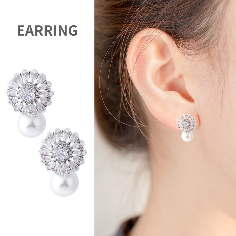 1 Đôi Bông Tai Hình Hoa Đính Đá Và Ngọc Trai Giả Sang Trọng Thanh Lịch Cho Cô Dâu