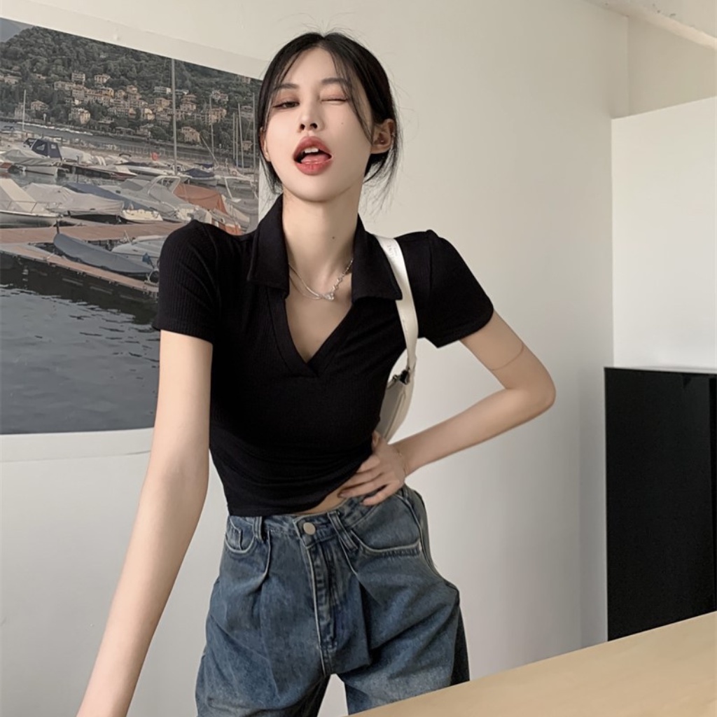 Áo croptop tay ngắn cổ V Polo thời trang Hàn Quốc