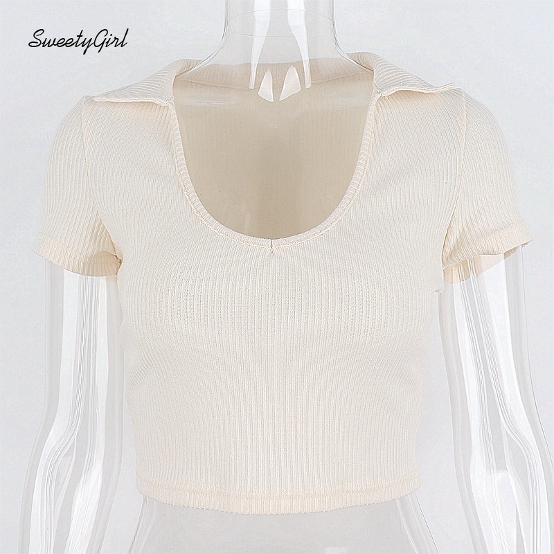 Áo Croptop Tay Ngắn Cổ Chữ U Màu Trơn Dáng Ôm Thời Trang Quyến Rũ Cho Nữ