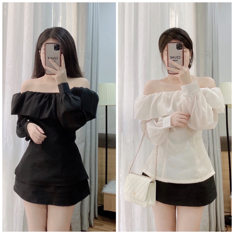 Áo voan bèo trễ vai (be/đen)