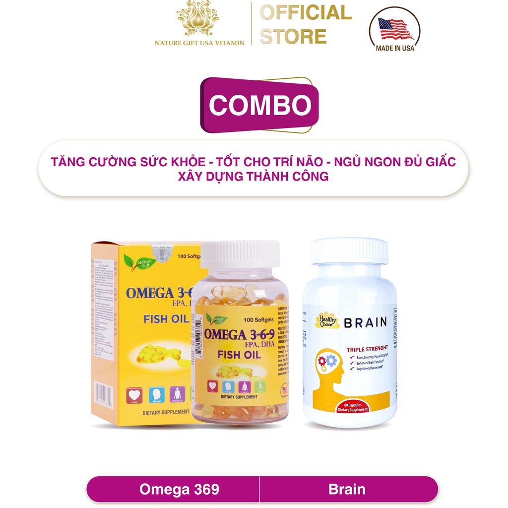 Combo Tăng cường sức khoẻ, tốt cho trí não Omega 369 100V + Healthy Choice Brain 60V - Nature Gift USA