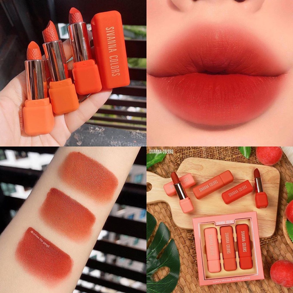 (Auth 100%)set son thỏi 3 cây sivanna color luxury mousse matte lipstick thái lan chính hãng đỏ đậm, cam cháy, đỏ cam