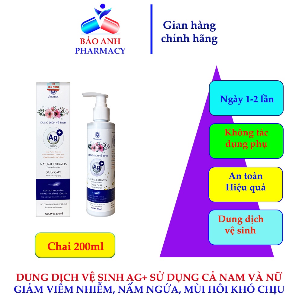 Dung dịch vệ sinh phụ nữ Nano bạc AG+ – Chiết xuất từ tự nhiên chứa Nano Bạc, Trầu Không  sử dụng hàng ngày – Chai 200ml