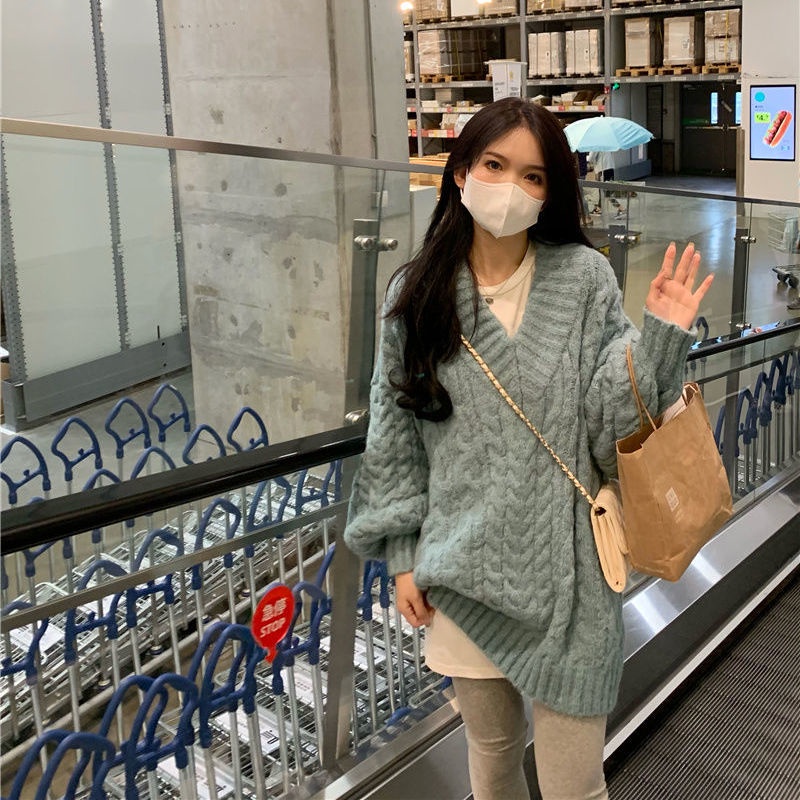Áo Sweater Dệt Kim Cổ Chữ V Dáng Rộng Phong Cách Hàn Quốc Thời Trang Mùa Đông Cho Nữ