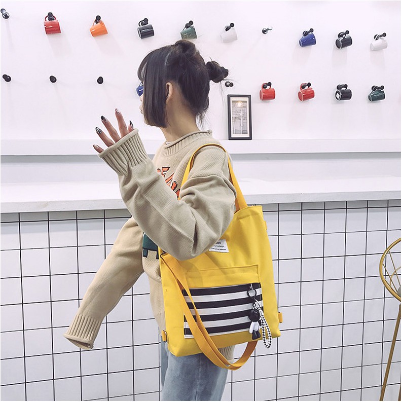 Túi Xách Đeo Chéo Nữ Tote Bag Vải Canvas Trang Trí Kẻ Sọc Đa Năng Kèm Móc Treo Gấu Popobe Kết Hợp Đeo Vai Hoặc Làm Ba Lô