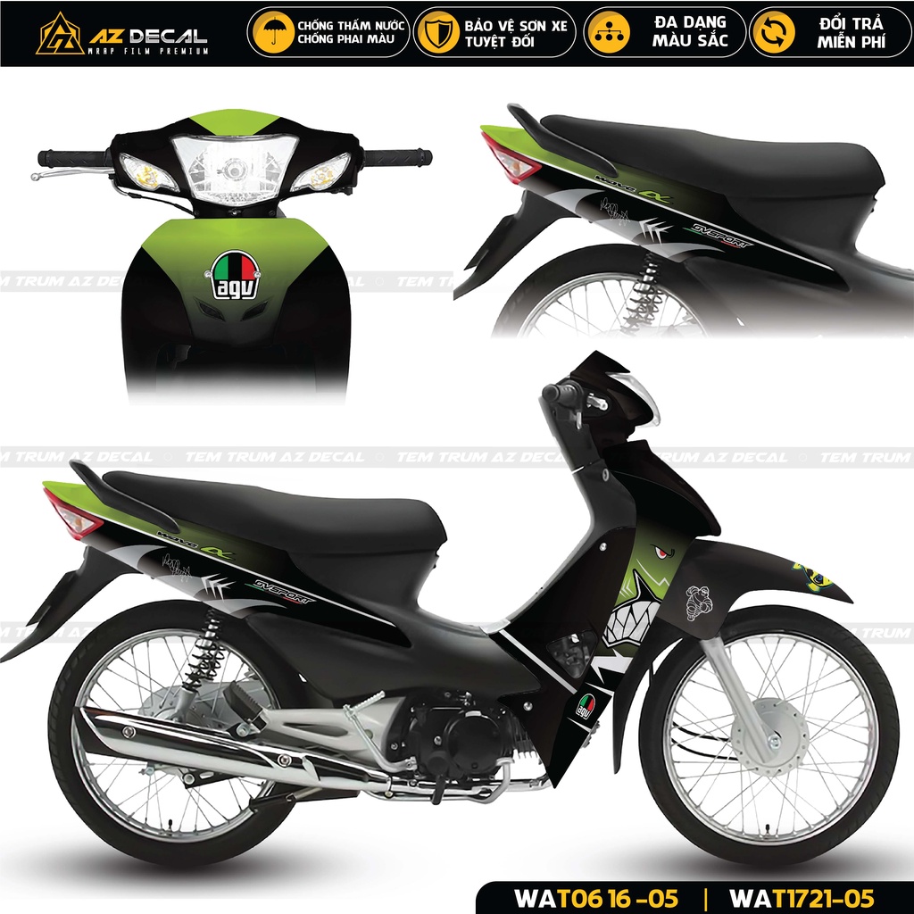Tem Trùm Wave 100 110 Cá Mập Cực Chất | WAT-05 | Tem Decal Dán Xe Wave Alpha Chất Liệu Cao Cấp Màu Trắng Đen Đỏ