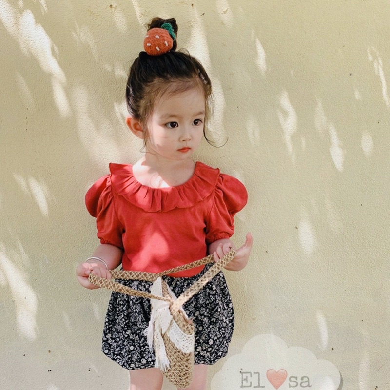 Đồ bộ bé gái - Set áo tay phồng đan dây sau lưng kèm quần short hoa nhí cho bé gái 1-5 Tuổi