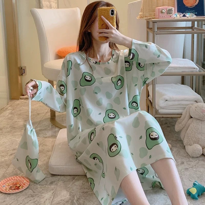 Váy Ngủ Dài Tay Thun Cotton Mềm Ấm, Đầm Ngủ Suông Dài Hoạ Tiết Đa Dạng