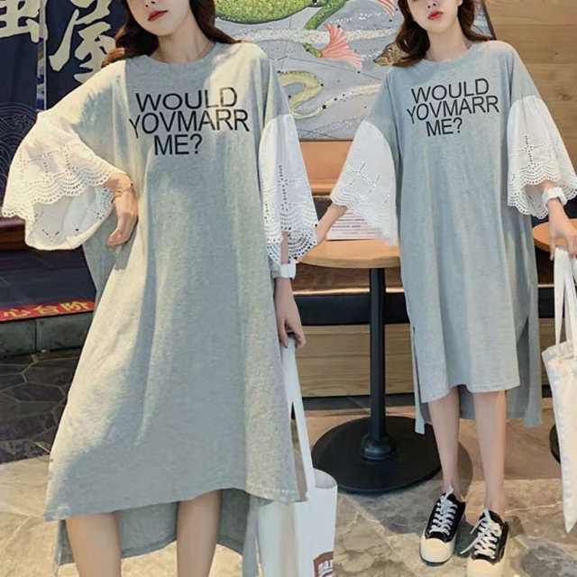 (Order 5-10days) Đầm suông oversize vạt lệch xẻ tà, tay loe