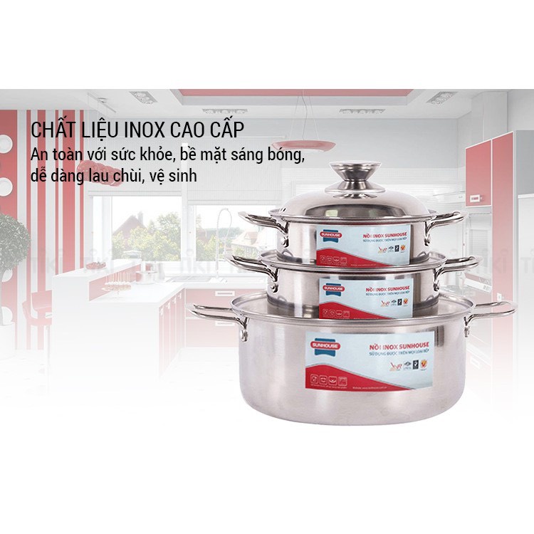BỘ NỒI SUNHOUSE SH224, BỘ NỒI INOX SUNHOUSE SH224, ĐÁY DÙNG CHO BẾP TỪ, 3 NỒI KÍCH THƯỚC: 16, 18, 24