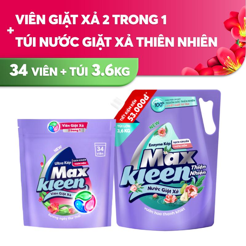Combo Túi Nước Giặt Xả Thiên Nhiên 3.6kg + Túi Viên Giặt Xả MaxKleen (34 viên/túi)