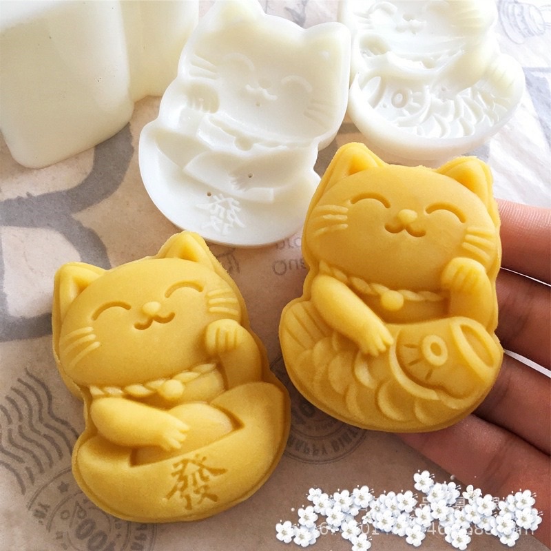 Khuôn trung thu lò xo 2 mặt mèo thần tài 50g