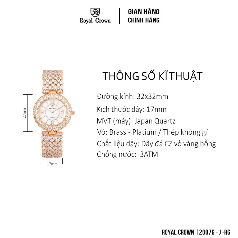 [ROYAL CROWN CHÍNH HÃNG] Đồng Hồ Nữ Chính Hãng Royal Crown 2607G Dây Đá Vỏ Vàng Hồng