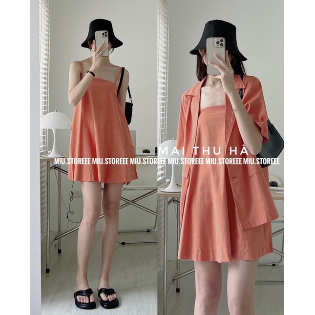 SET VÁY HAI DÂY KÈM VEST BLAZER TRƠN ĐŨI LINEN SV2SVB