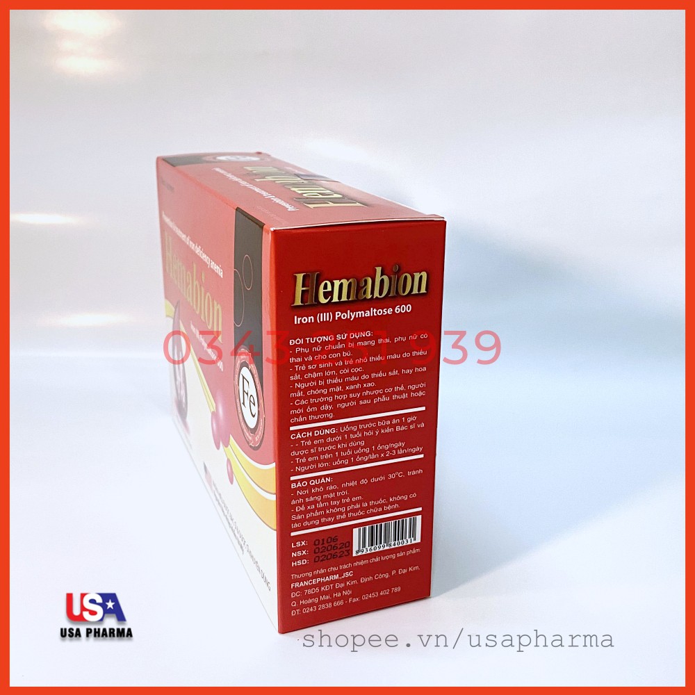 Hemabion bổ sung sắt, trẻ chậm lớn, hoa mắt chóng mặt do thiếu sắt, giúp cho quá trình tạo máu tốt hơn | USA Pharma