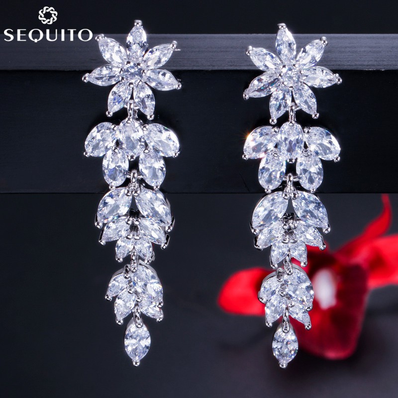 Sequito Bông Tai Mạ Bạc Dáng Dài Hình Hoa Đính Đá Zircon Lấp Lánh Thời Trang Đám Cưới e177