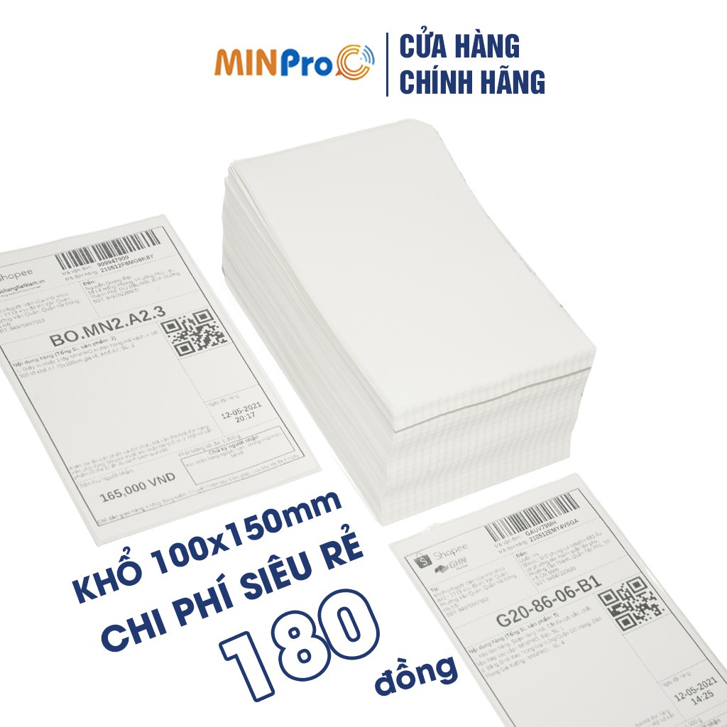 Giấy in nhiệt MINPRO tự dính 1000 tờ khổ A6 100x150 in đơn hàng, mã vạch, in bill không phai chữ