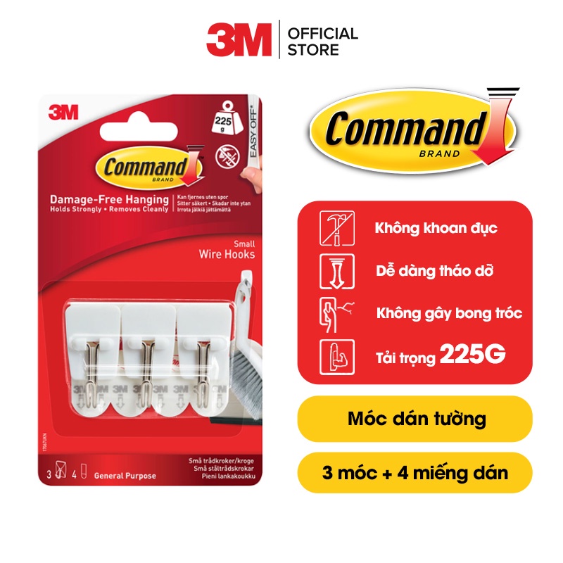 Móc dán tường đầu kim loại Command 3M vỉ 3 cái cỡ nhỏ chịu lực 225g 17067