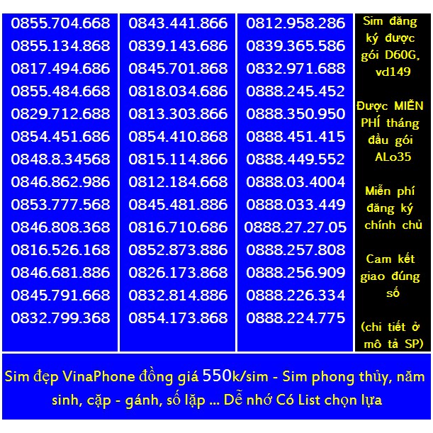 Sim Vina số đẹp 550k Miễn phí ĐK chính chủ Miễn phí gói ALO35 tháng đầu, ĐK được gói VD149-D60G...(xem ở chi tết)